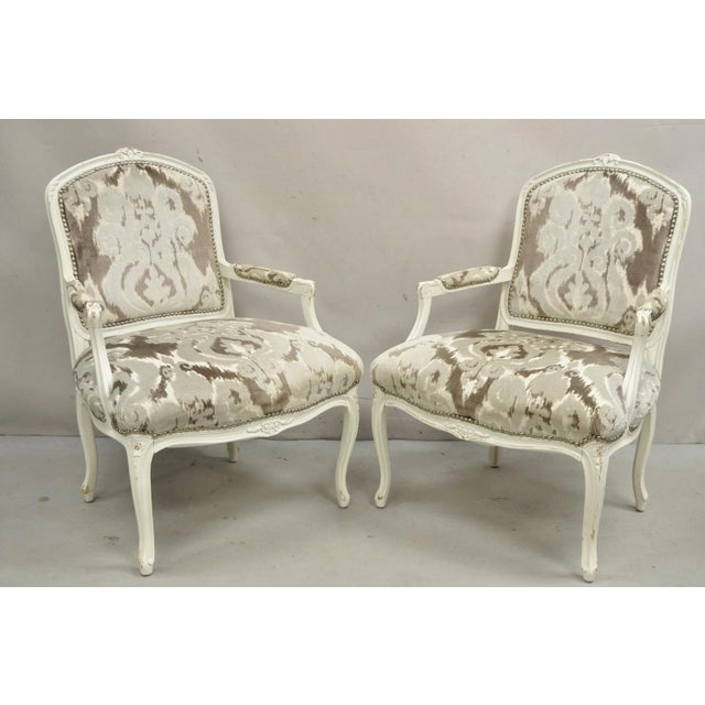 Vintage French Country Louis XV Style White Distress Painted Arm Chairs with Gray/Silver Printed Upholstery and Silver...