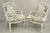 Vintage French Country Louis XV Style White Distress Painted Arm Chairs with Gray/Silver Printed Upholstery and Silver...
