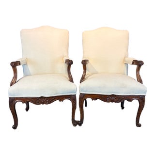 Early 19th Century French Louis XV Carved Walnut Fauteuil Armchairs- A Pair For Sale