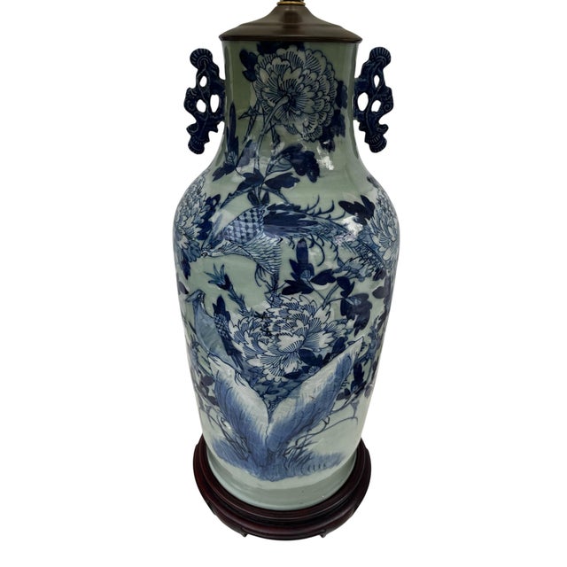 Blue Pair of Large-Scale Vintage Chinese Blue & White Porcelain Chinoiserie Table Lamps For Sale - Image 8 of 12