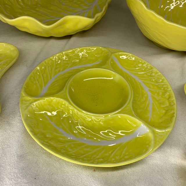 1970s Vintage Secla Yellow Cabbage Leaf Serving Bowl, Relish Dish, and Kidney Plates - Set 5 Pieces For Sale - Image 5 of 6