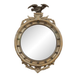 English 1900s Silver Leaf Convex Girandole Bullseye Mirror with Eagle Motif For Sale