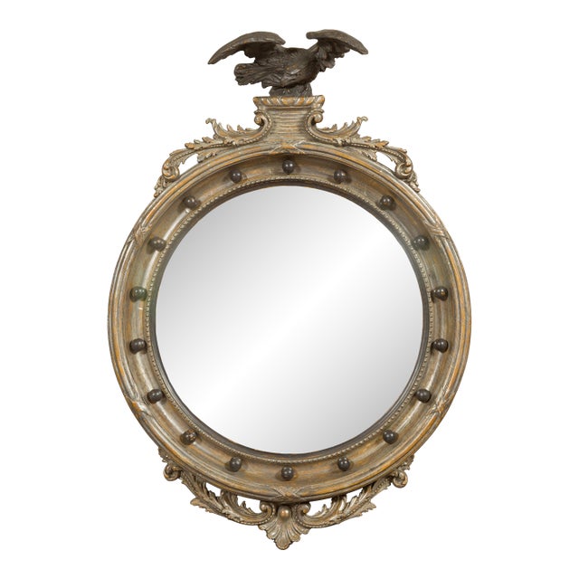 English 1900s Silver Leaf Convex Girandole Bullseye Mirror with Eagle Motif For Sale