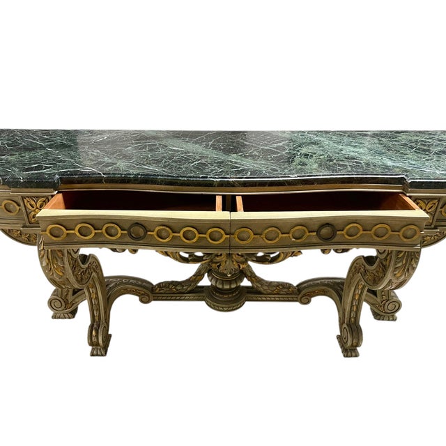 French 1960s Italian Gilt Console With Carved Details & Dramatic Marble Top For Sale - Image 3 of 12