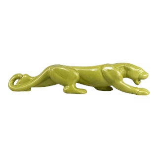Mid-Century Extra Large Avocado Green Porcelain Panther Planter - 23" For Sale