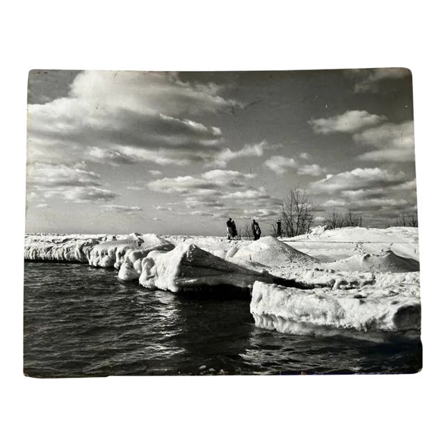 1950s Large Black & White Mounted Photograph, Lake Michigan Lighthouse in Winter For Sale