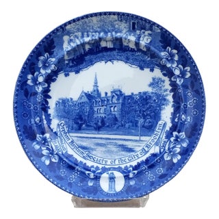 1900s Blue Transferware Plate American Scene on Staffordshire ~ Brooklyn Orphan Asylum Society For Sale