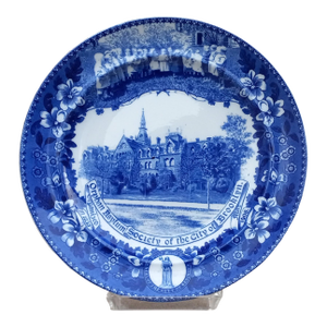 1900s Blue Transferware Plate American Scene on Staffordshire ~ Brooklyn Orphan Asylum Society