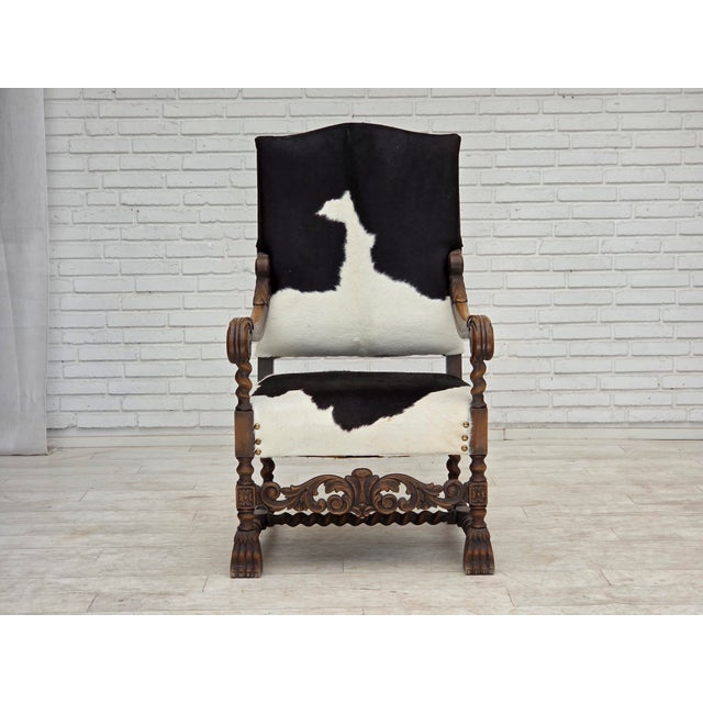 Danish Highback Armchair in Cowhide and Oak Wood, 1950s For Sale - Image 9 of 18