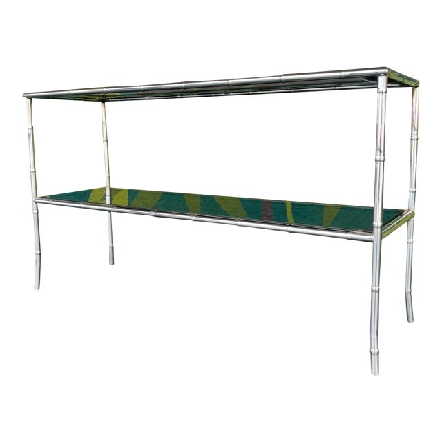 Postmod Chrome Faux Bamboo & Smoked Glass Console Table For Sale
