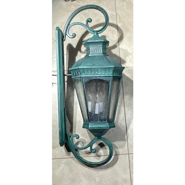Monumental Coach Style Brass & Bronze Wall Lantern With Verdigris Finish . For Sale - Image 10 of 15