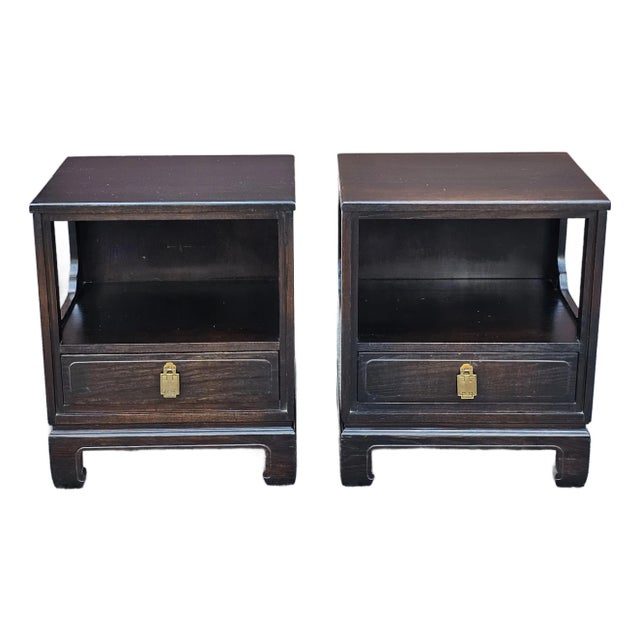 Pair of Davis Cabinet Asian Style Dark Stained Bedside Tables For Sale