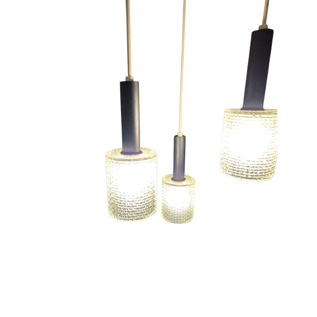 Glass Vintage Mid-Century Modern Cylindrical Glass 3 Light Cascading Pendant Chandelier Panton Style For Sale - Image 7 of 16