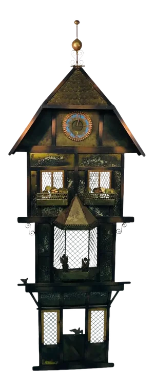 Mid 20th Century Curtis Jeré Wall Sculpture Birds in Front of a Clock Tower