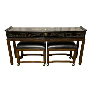 Mid-Century Drexel Et Cetera Collection Chinoiserie Console Table With Two Stools