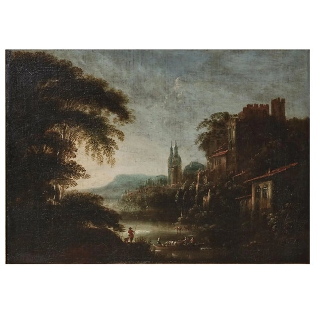 This is a moody 17th c. Landscape with a Castle in the background, a fisherman with his dog and a boat with passenger...