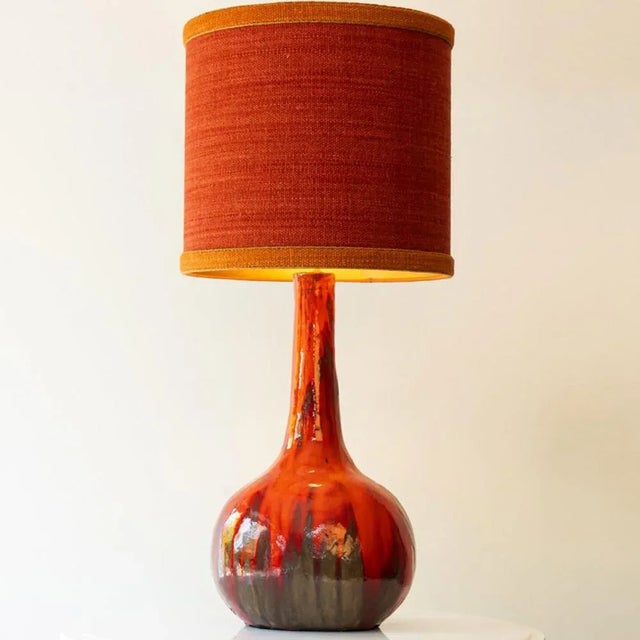 Red Brown Ceramic Floor Table Lamp with Lampshade attributed to R. Houben, 1970s For Sale - Image 11 of 12