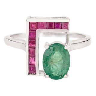 Carat&her L Shape Sterling Silver Ring With Ruby & Emerald Wedding Gift for Her - Size 7 For Sale