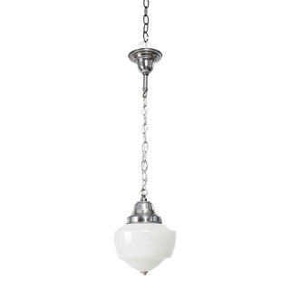 Nickel and Milk Glass Schoolhouse Fixture For Sale