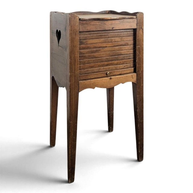 2000 - 2009 Louis XVI Style Walnut Bedside Table with Curtained Door and Openwork Hearts For Sale - Image 5 of 5