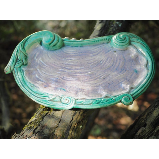 Ceramic 1900 French Majolica Art Nouveau Large Turquoise and Purple Oyster Shaped Dish or Tray For Sale - Image 7 of 11