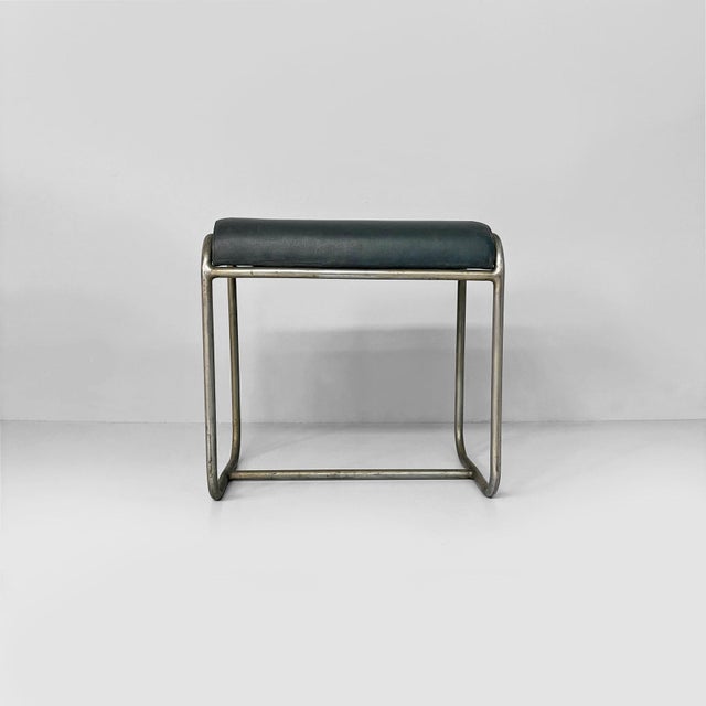 Italian Art Deco stool in metal and faux leather, 1930s Stool with a rectangular structure made of bent tubular metal,...