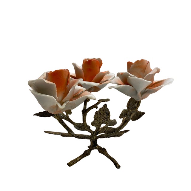 Rose Set of 3 Vintage Capodimonte Porcelain Rose Sculptures & Candle Holder, Italy For Sale - Image 8 of 10