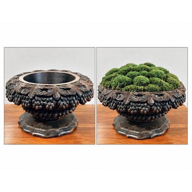 Black Ornate Hand Carved Wood Indoor Planter, Circa 1970, Swiss Black Forest Wood, 7” H X 13.5” D For Sale - Image 8 of 8