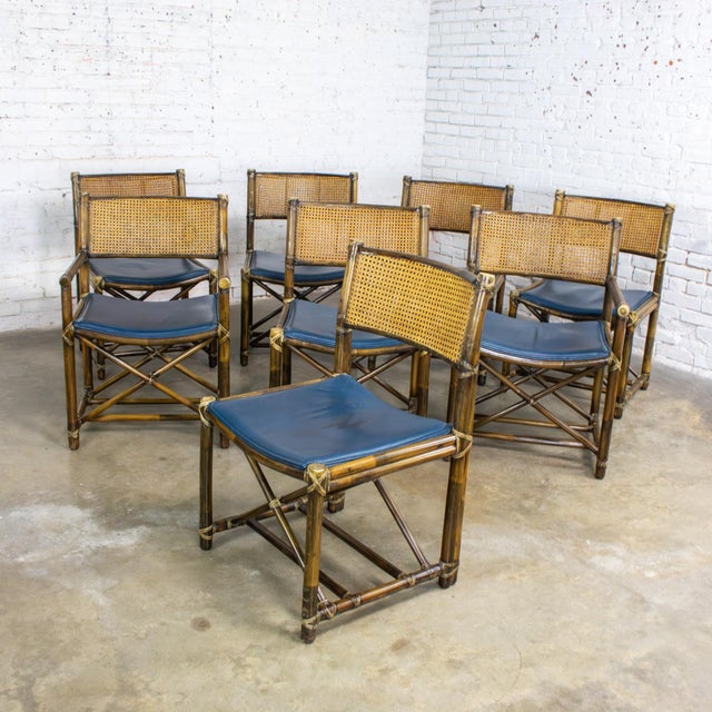Late 20th Century Campaign Style Set of 8 Dining Chairs by McGuire Rattan Cane & Navy Leather For Sale - Image 6 of 18