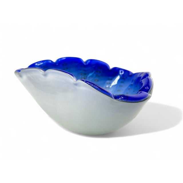 Murano Vintage Murano Triple Cased Glass Blue & White Scalloped Edge Ashtray Catchall For Sale - Image 4 of 6