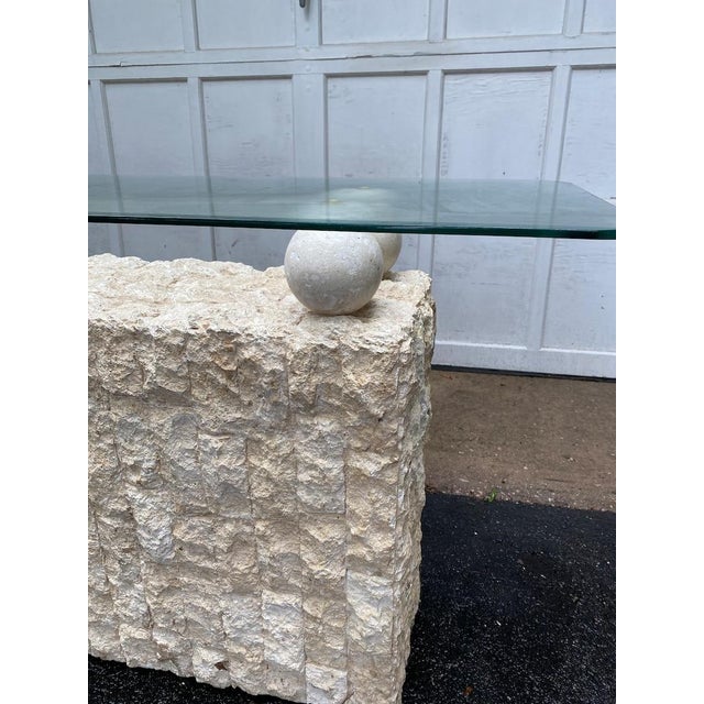 Postmodern Freeform Tessellated Stone Base Glass Top Console Table