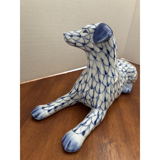 Mid-Century Modern Vintage Andrea by Sadek Herend Style Fishnet, Blue and White Dog Figurine For Sale - Image 3 of 7