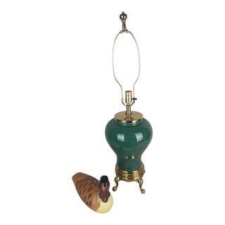 1980s Style Hollywood Regency Emerald Green Ceramic Table Lamp on Brass Ball-and-Claw Base For Sale