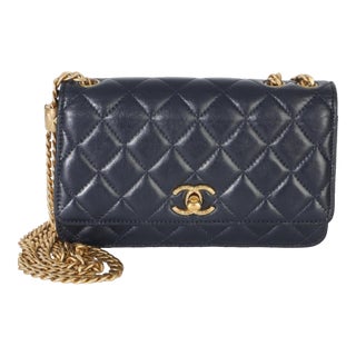 Blue Quilted Lambskin All Slide Long Wallet On Chain For Sale