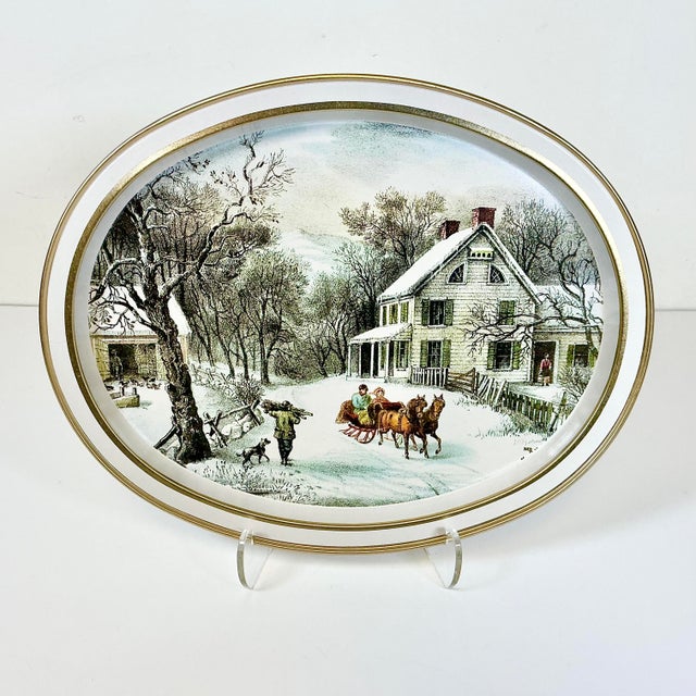 Mid-Century Modern Mid-Century Americana Farmhouse Currier & Ives Metal Tray - The American Homestead, Winter For Sale - Image 3 of 14