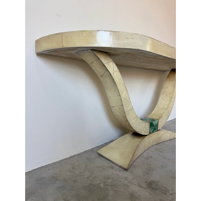 Beige Karl Springer Art Deco–Style Parchment Leather and Malachite Accent Console Table For Sale - Image 8 of 12