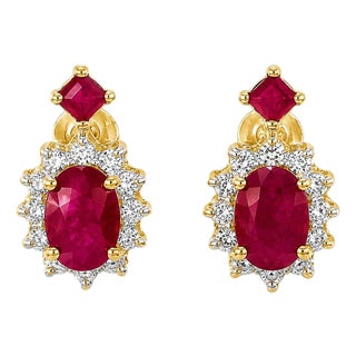 Mid 20th Century 14k Yellow Gold Estate Diamond & Ruby Filigree Earrings, Pair For Sale