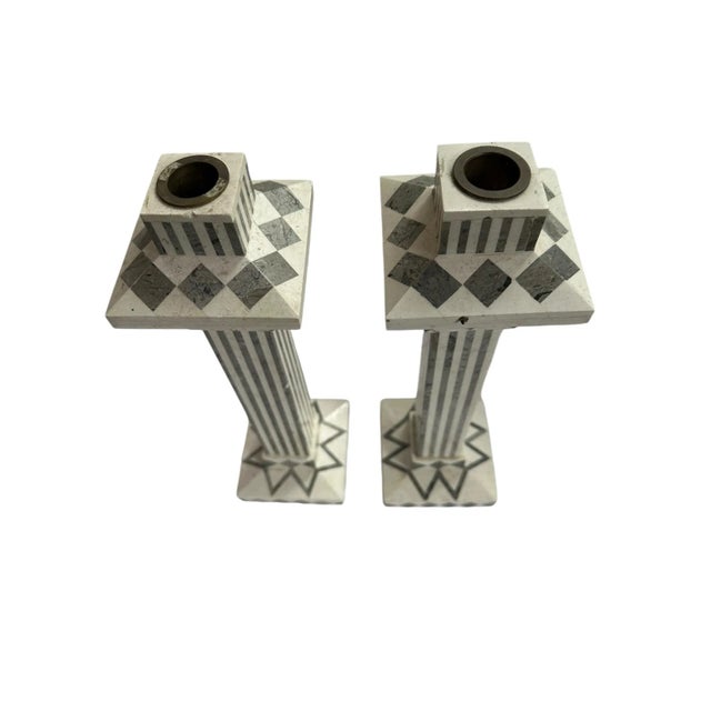1990s 1990s Vintage Tavola Grey & White Marble Candlesticks- a Pair For Sale - Image 5 of 11