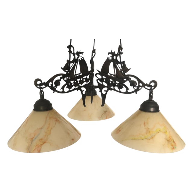 Ebony Vintage Nautical Cast Iron Chandelier With Opaline Glass Shades – 3 Lights For Sale - Image 8 of 9
