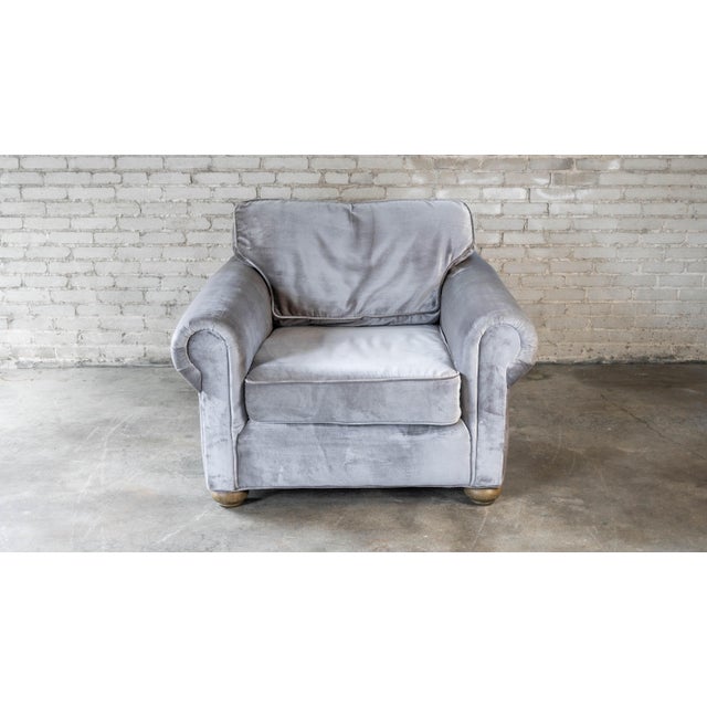 Restoration Hardware Lancaster Velvet club chair in Luxe trim, circa 2015. Premium down-feather filled cushions and...