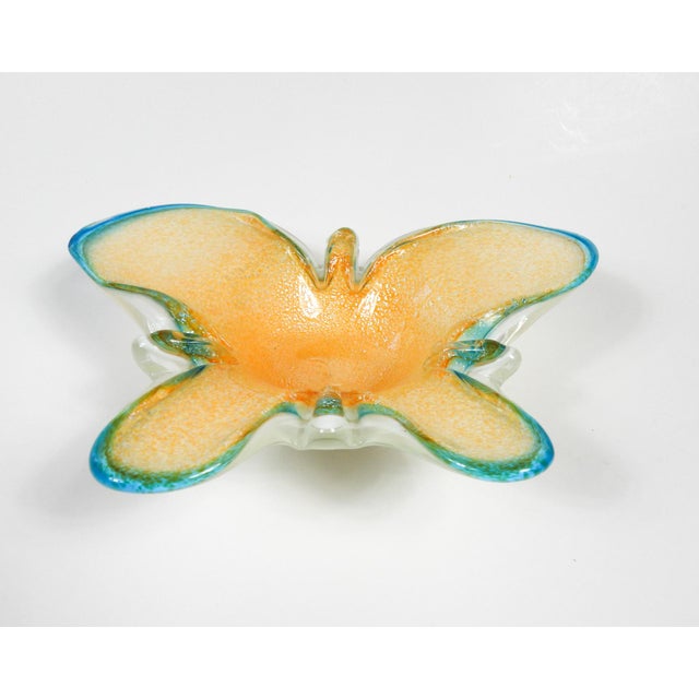 Mid-Century Modern Late 20th Century Peach Silver and Turquoise Butterfly Murano Glass Bowl For Sale - Image 3 of 5