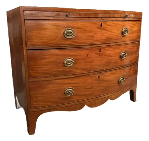 Early 19th Century English Mahogany Sheraton Style Bow Front Chest of Drawers With Pull-Out Writing Surface