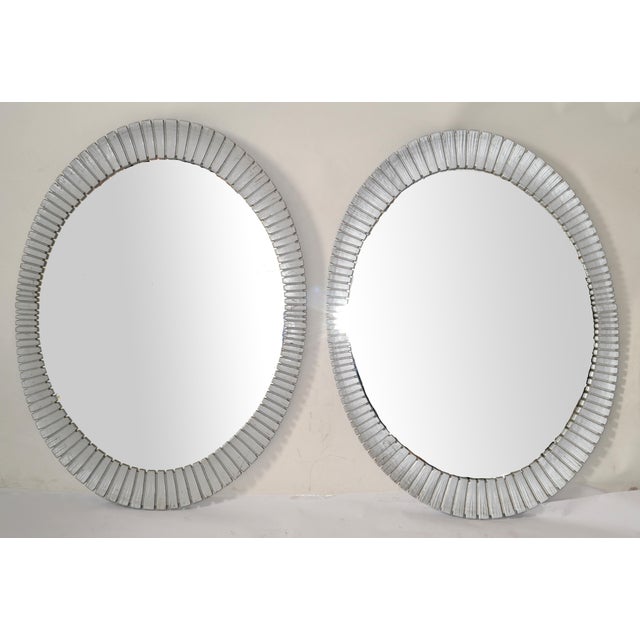 1980s 1980 Pair Decorative Oval Fluted Silver Sunburst Wall Mirrors Mid-Century Modern For Sale - Image 5 of 13