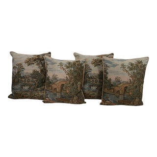 Vintage Italian Victorian Style Toile Tapestry Decorative Pillows With Down Fill Inserts Set of 4 For Sale