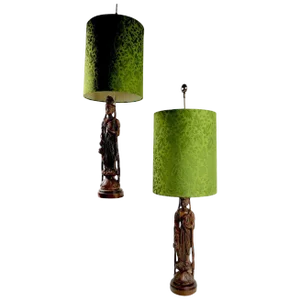 Carved Wood Tibetan Buddha Table Lamps - a Pair