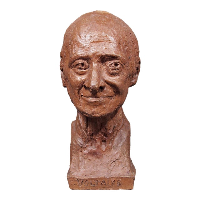 Vintage 1980 Hand-Sculpted Voltaire Portrait Bust Signed For Sale