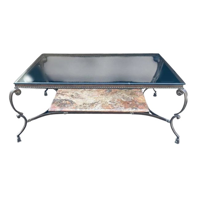 Sherrill Attributed Spanish Baroque Style Patinated Iron, Polished Stone, and Glass Top Coffee Table For Sale