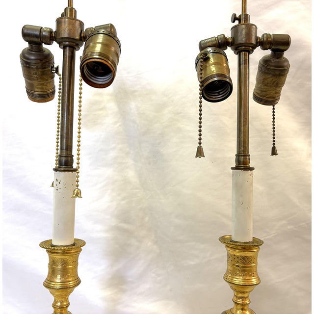 Metal Antique French Art Nouveau Embossed Brass Candlestick Lamps- A Pair For Sale - Image 7 of 18