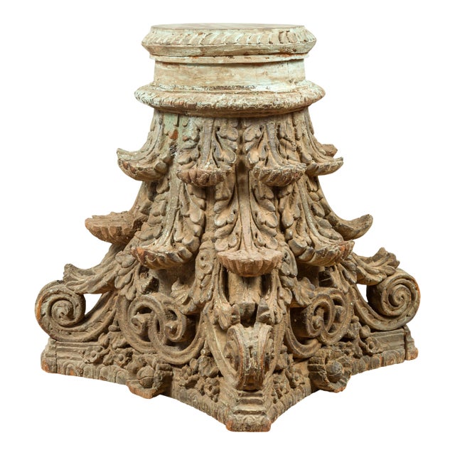 Indian Antique Corinthian Temple Capital Carving with Distressed Patina For Sale