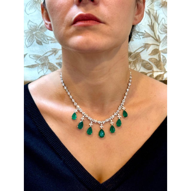GIA Certified Pear Zambian Emerald & Diamond Bridal Drop Necklace 14 Kt Gold For Sale - Image 14 of 18